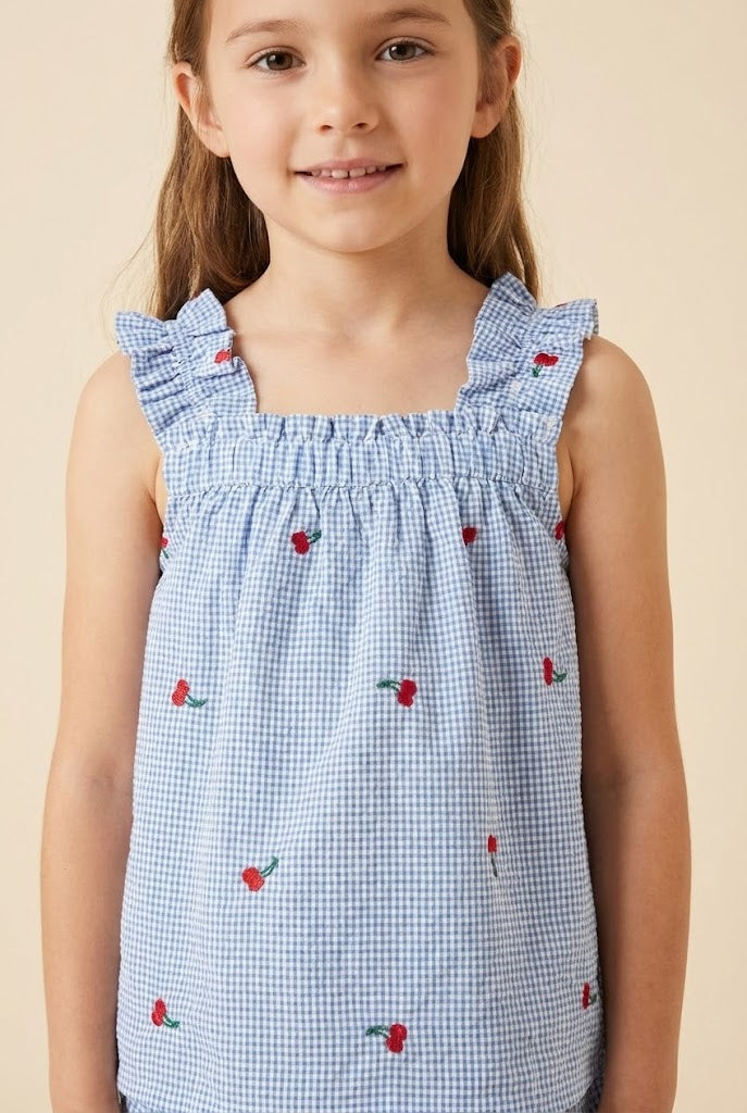 Cherry Embroidered Ruffle Strap Tank