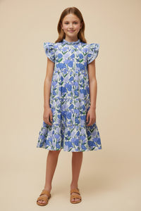 GY3022 Blue Contrast Piped Ruffle Neck Floral Tank Dress Front