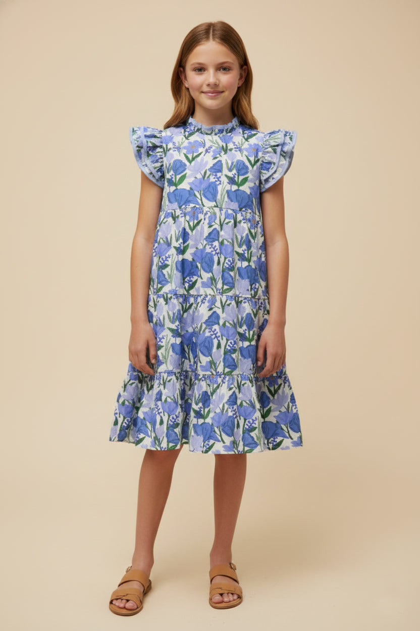 GY3022 Blue Contrast Piped Ruffle Neck Floral Tank Dress Front