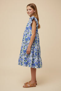 GY3022 Blue Contrast Piped Ruffle Neck Floral Tank Dress Side