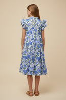 GY3022 Blue Contrast Piped Ruffle Neck Floral Tank Dress Back