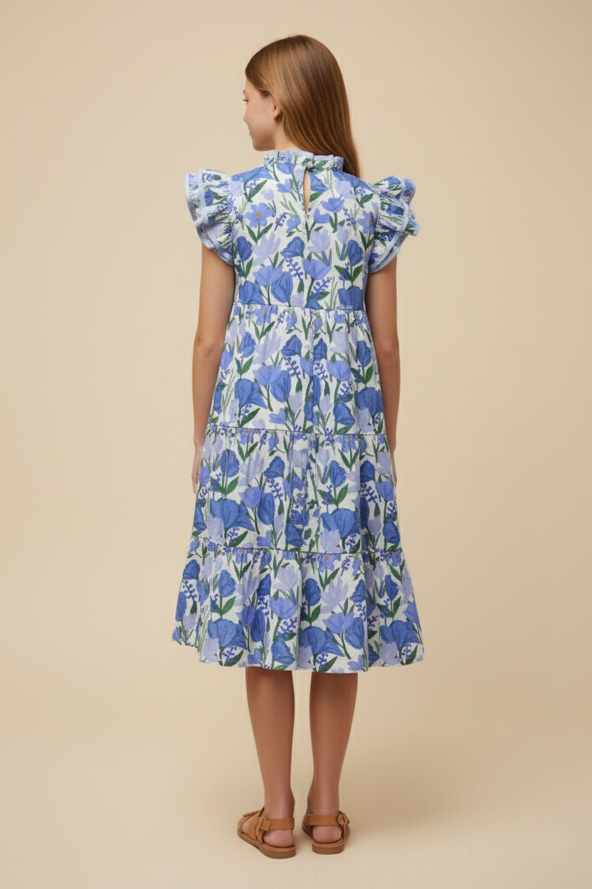 GY3022 Blue Contrast Piped Ruffle Neck Floral Tank Dress Back