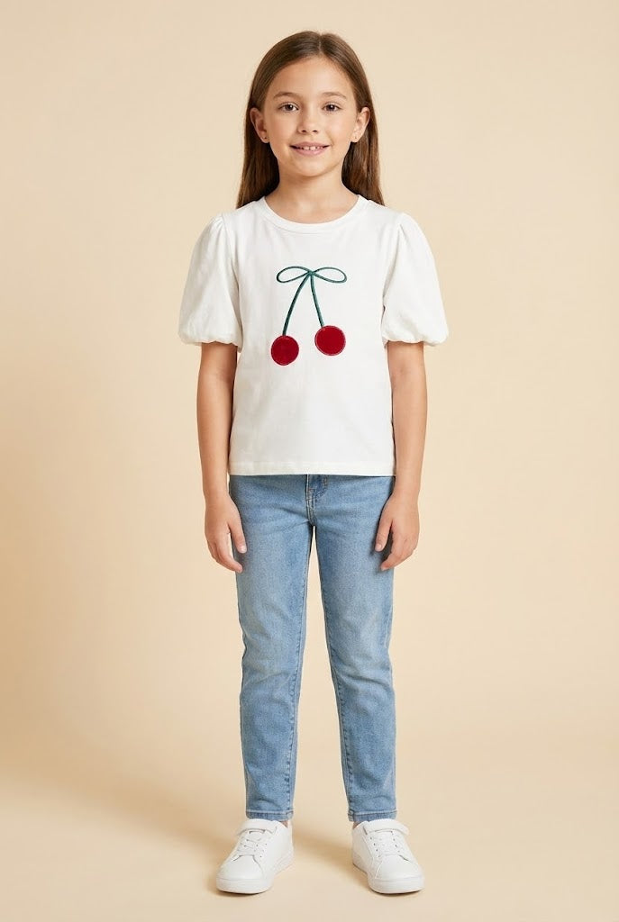 Cherry Patched Puff Sleeve Knit T Shirt