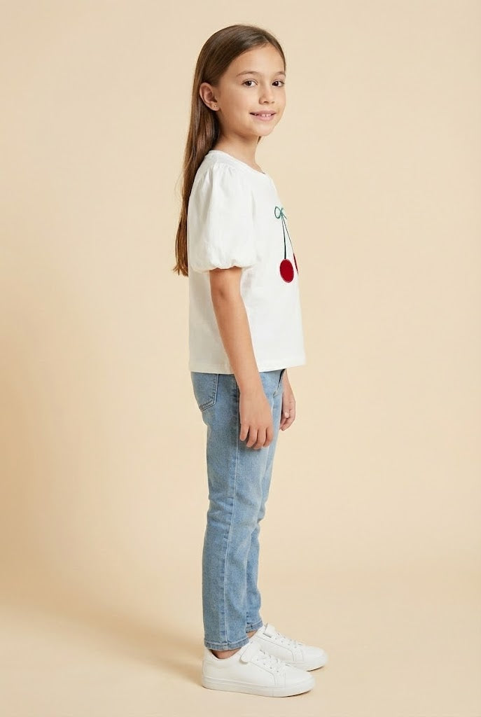 GY3025 Off White Cherry Patched Puff Sleeve Knit T Shirt Side