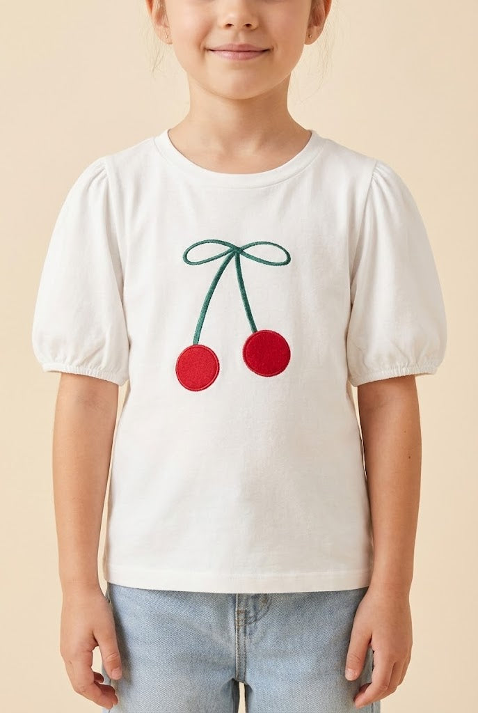 GY3025 Off White Cherry Patched Puff Sleeve Knit T Shirt Close Up