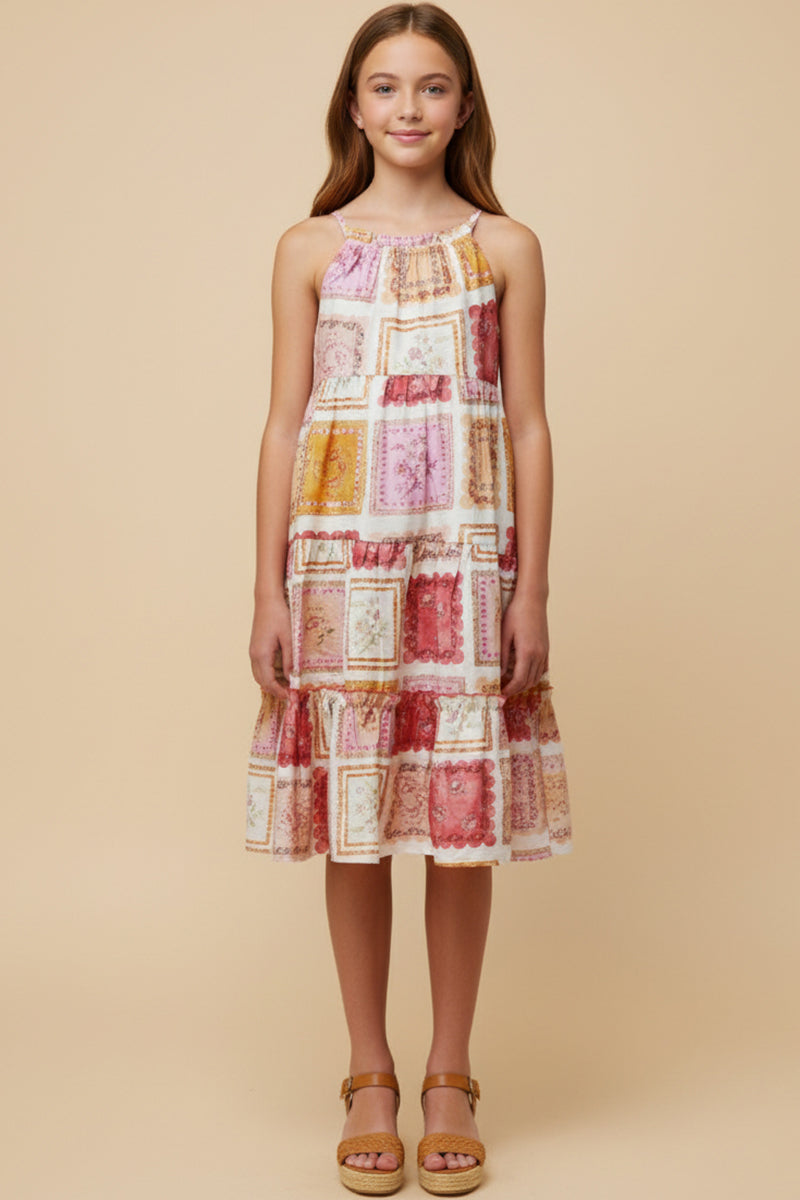 Soft Quilt Print Sleeveless Drop Hem Dress