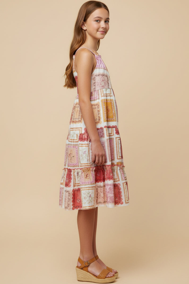 Soft Quilt Print Sleeveless Drop Hem Dress