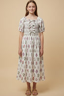 Block Print Bow Detailed Smocked Dress