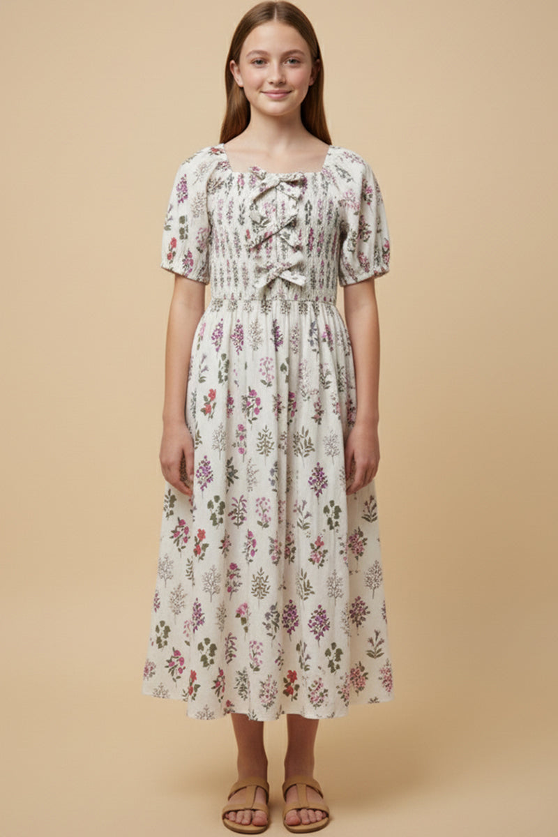 Block Print Bow Detailed Smocked Dress