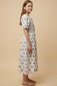 Block Print Bow Detailed Smocked Dress