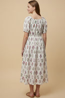 Block Print Bow Detailed Smocked Dress