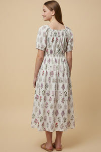 Block Print Bow Detailed Smocked Dress