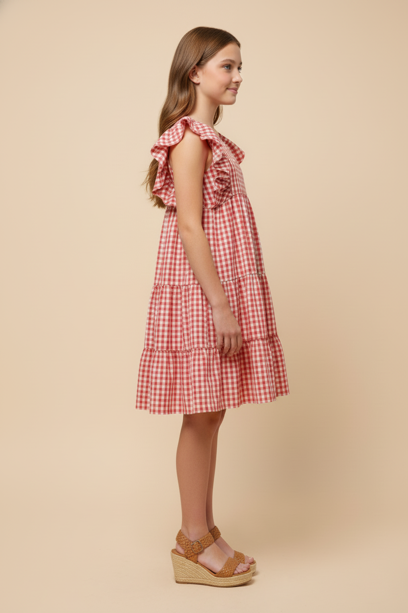 Gingham Smocked Ruffled Detail Dress
