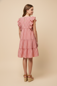GY3096 RED GINGHAM SWING DRESS BACK