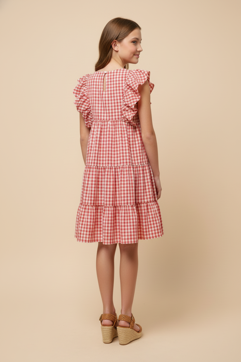 GY3096 RED GINGHAM SWING DRESS BACK