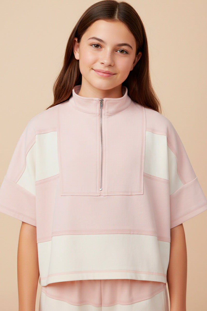 Color Block Stripe Half Zip Knit Top