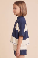 Color Block Stripe Half Zip Knit Top