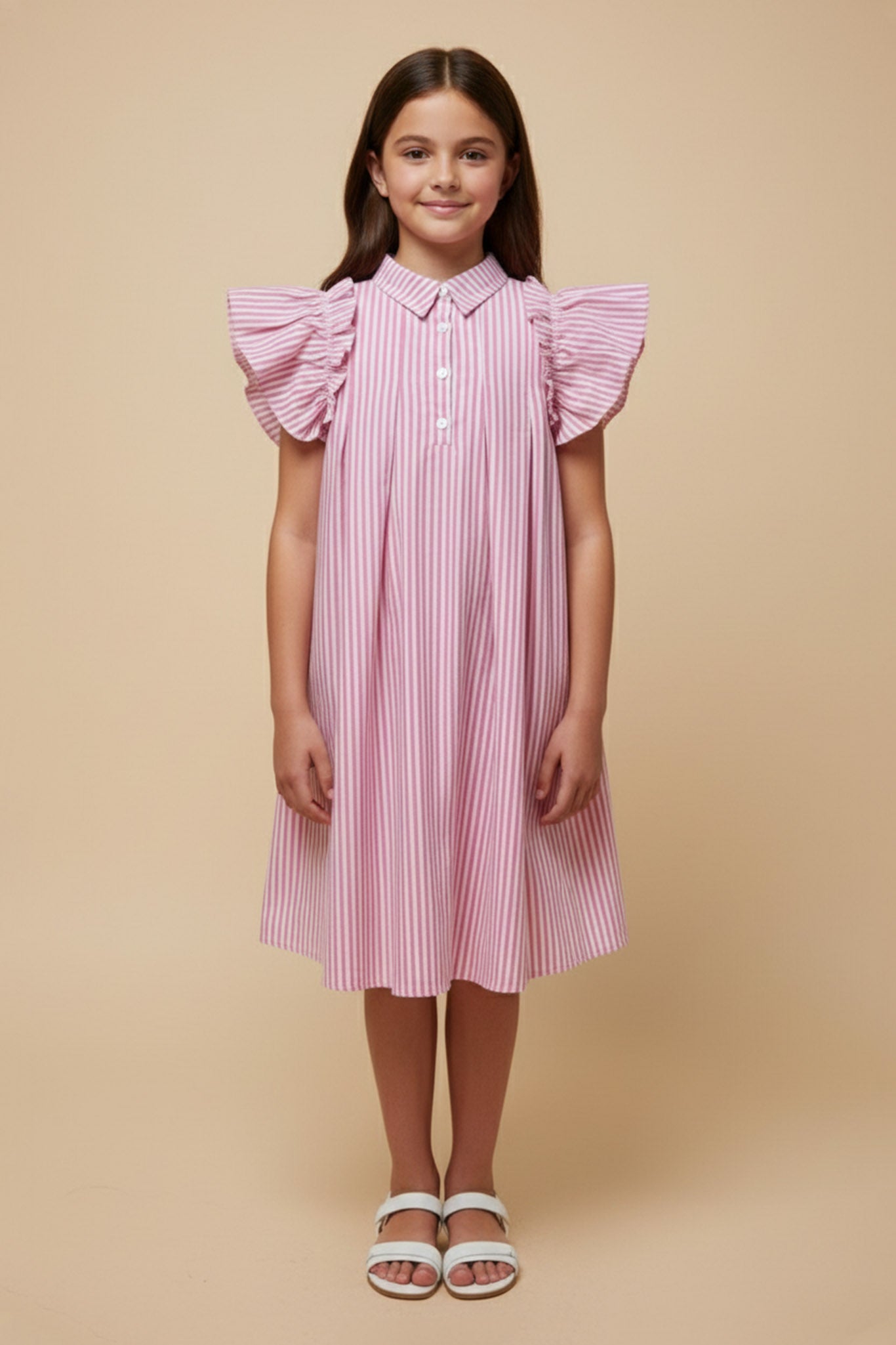 Button Collared Pleated Pinstripe Dress