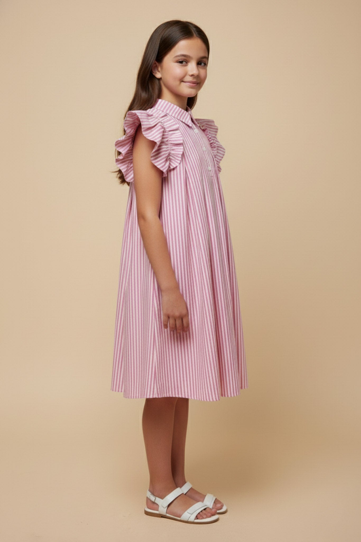 Button Collared Pleated Pinstripe Dress