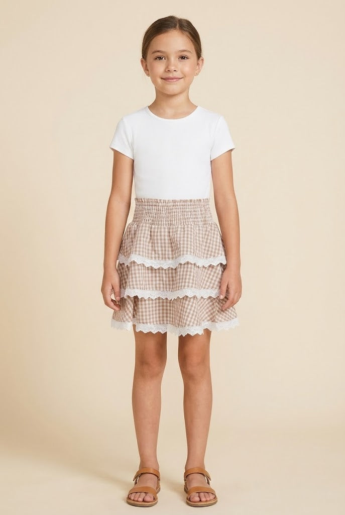 Lace Trimmed Gingham Tiered Skirt