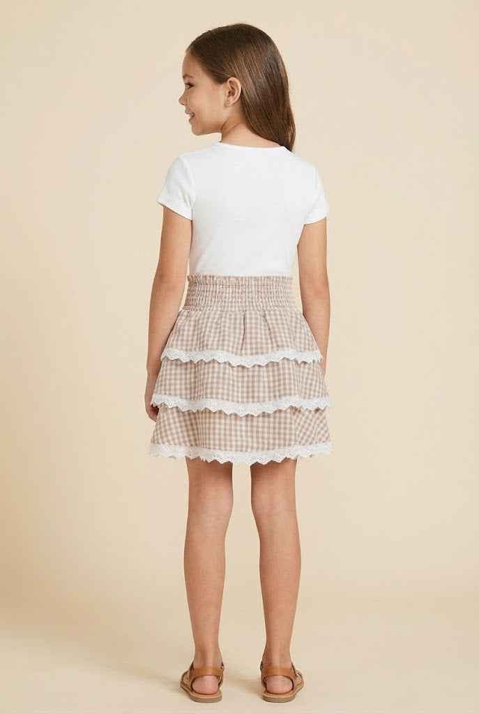 Lace Trimmed Gingham Tiered Skirt
