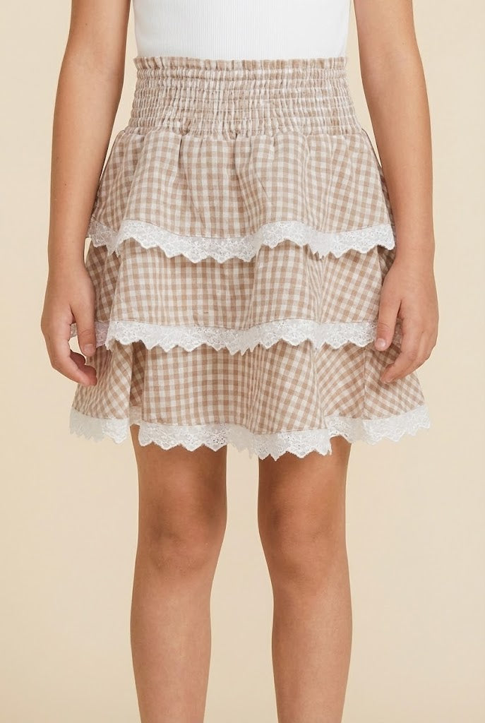 Lace Trimmed Gingham Tiered Skirt