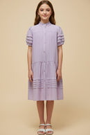 Pintuck Detail Buttoned Ruffle Collar Dress