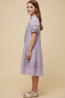 Pintuck Detail Buttoned Ruffle Collar Dress