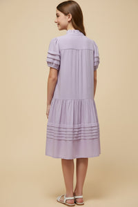 Pintuck Detail Buttoned Ruffle Collar Dress