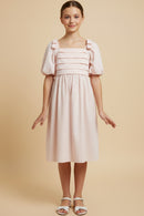 Raised Pleat Detail Bow Detail Puff Sleeve Dress