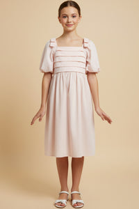 Raised Pleat Detail Bow Detail Puff Sleeve Dress