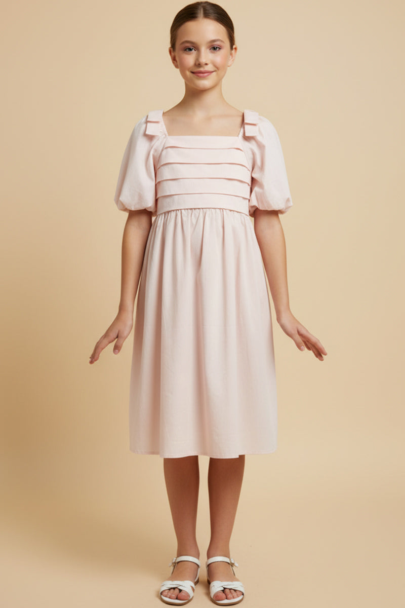 Raised Pleat Detail Bow Detail Puff Sleeve Dress