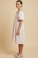 Raised Pleat Detail Bow Detail Puff Sleeve Dress