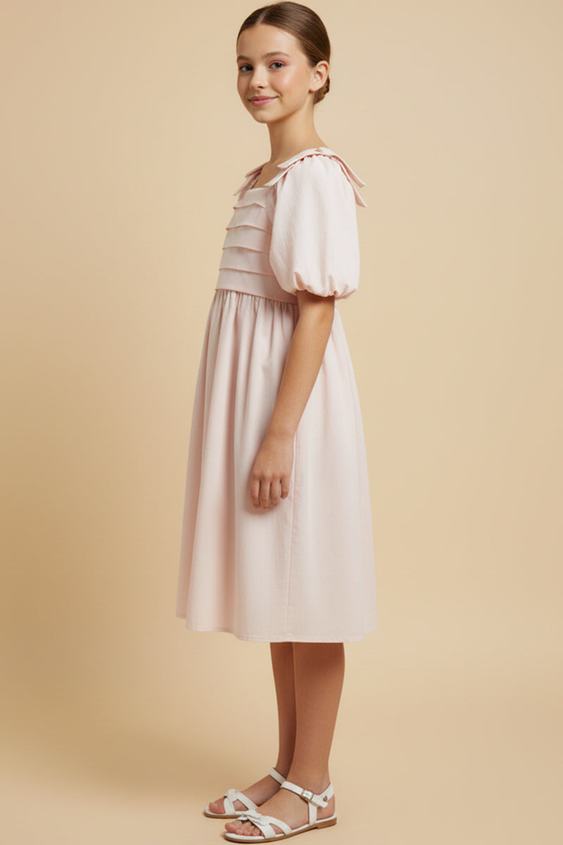 Raised Pleat Detail Bow Detail Puff Sleeve Dress