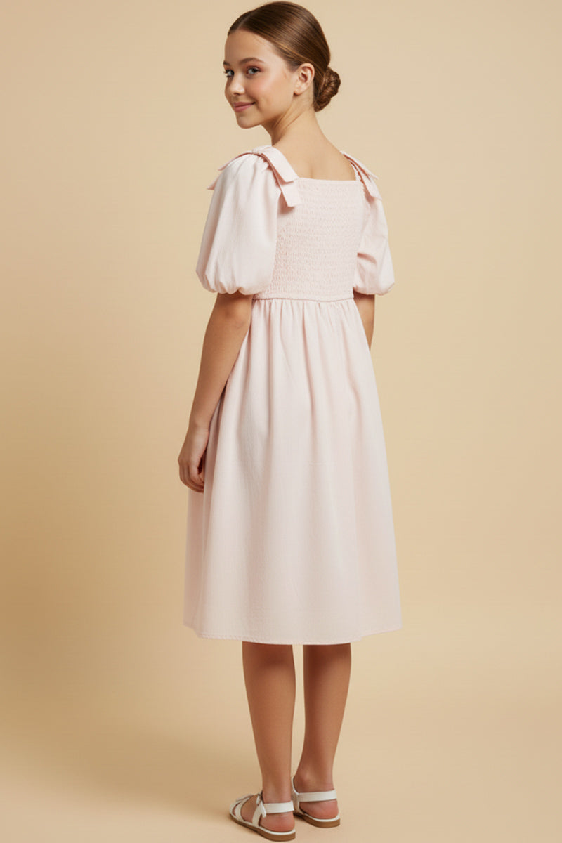 Raised Pleat Detail Bow Detail Puff Sleeve Dress