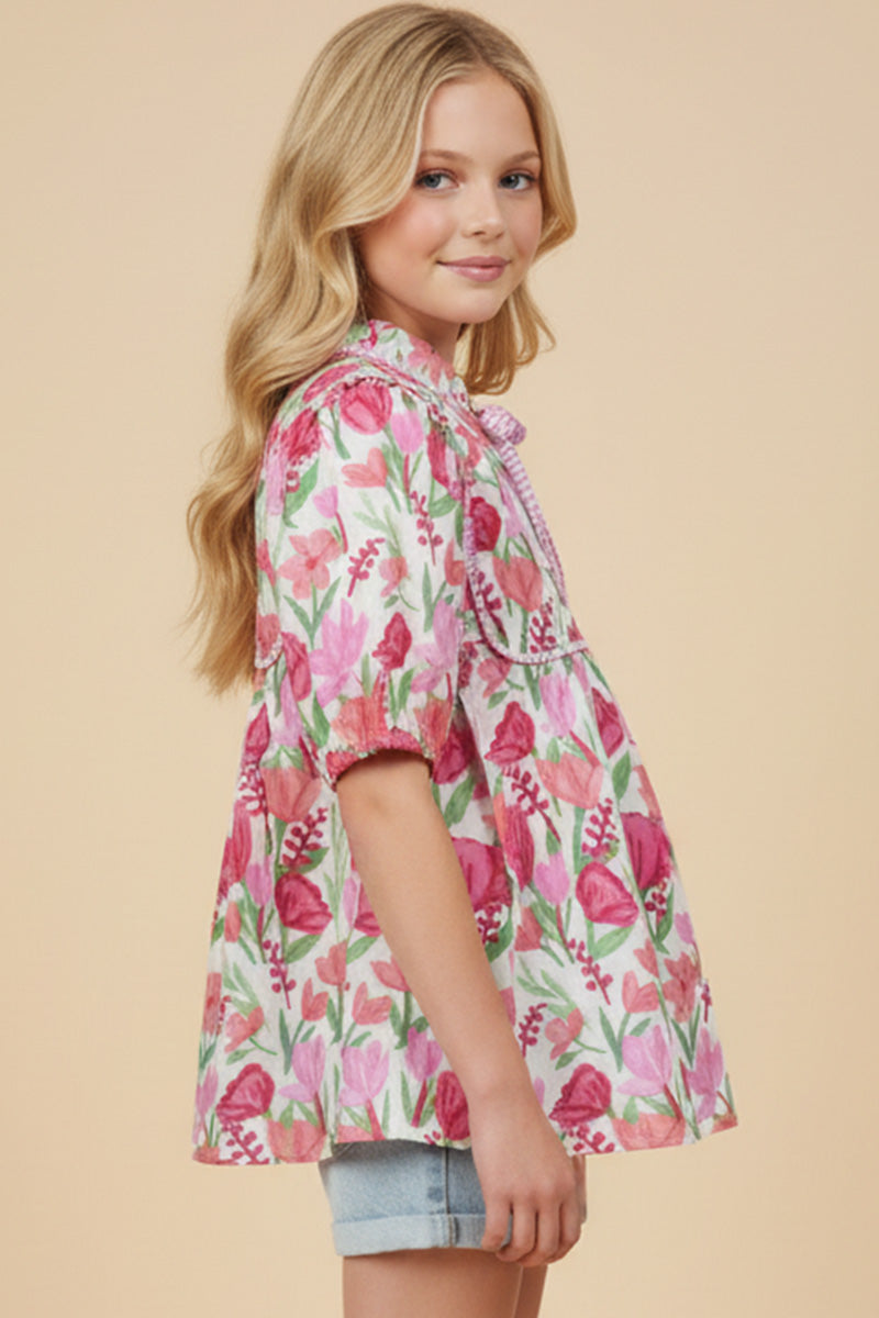 Striped Piping Detail Floral Top