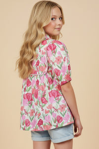 Striped Piping Detail Floral Top