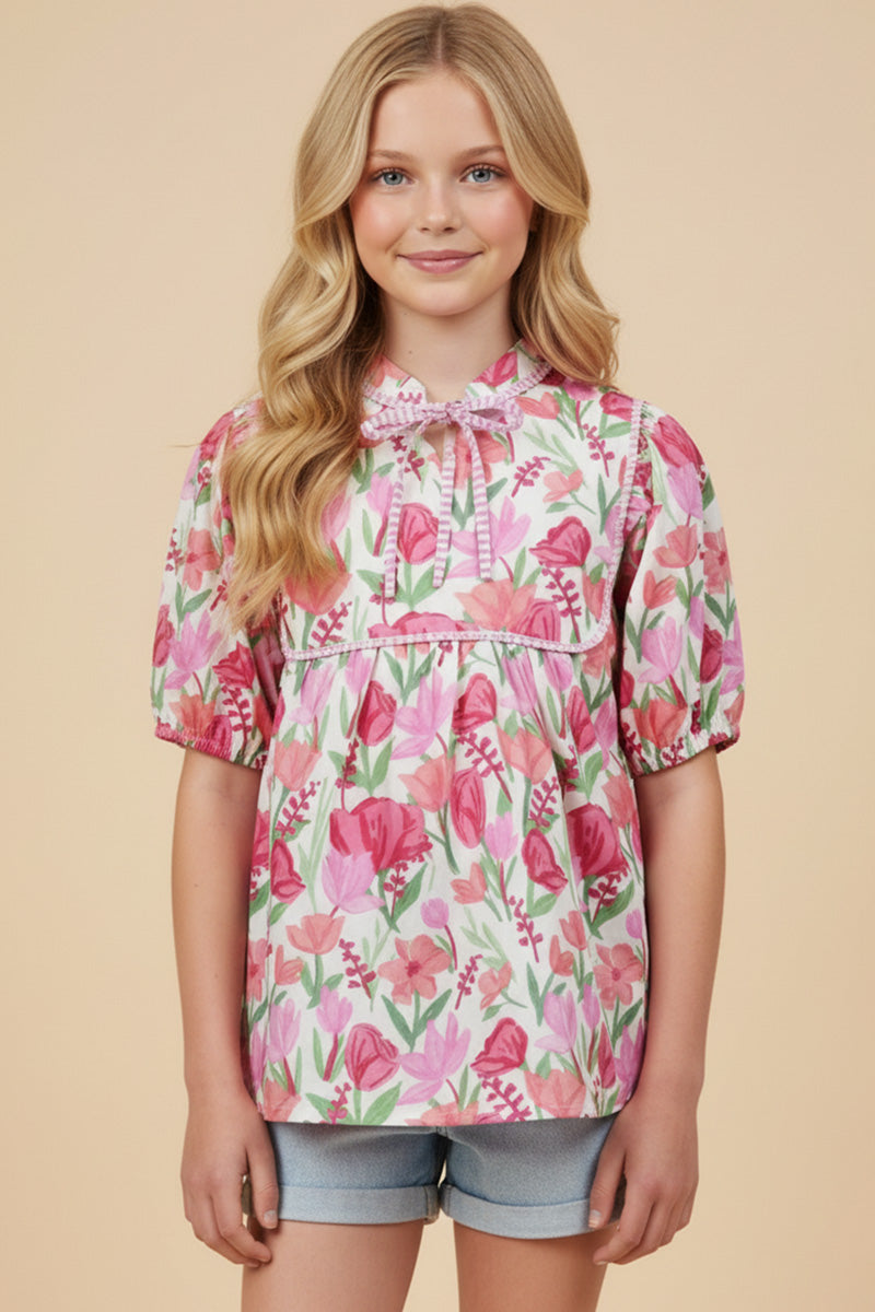 Striped Piping Detail Floral Top