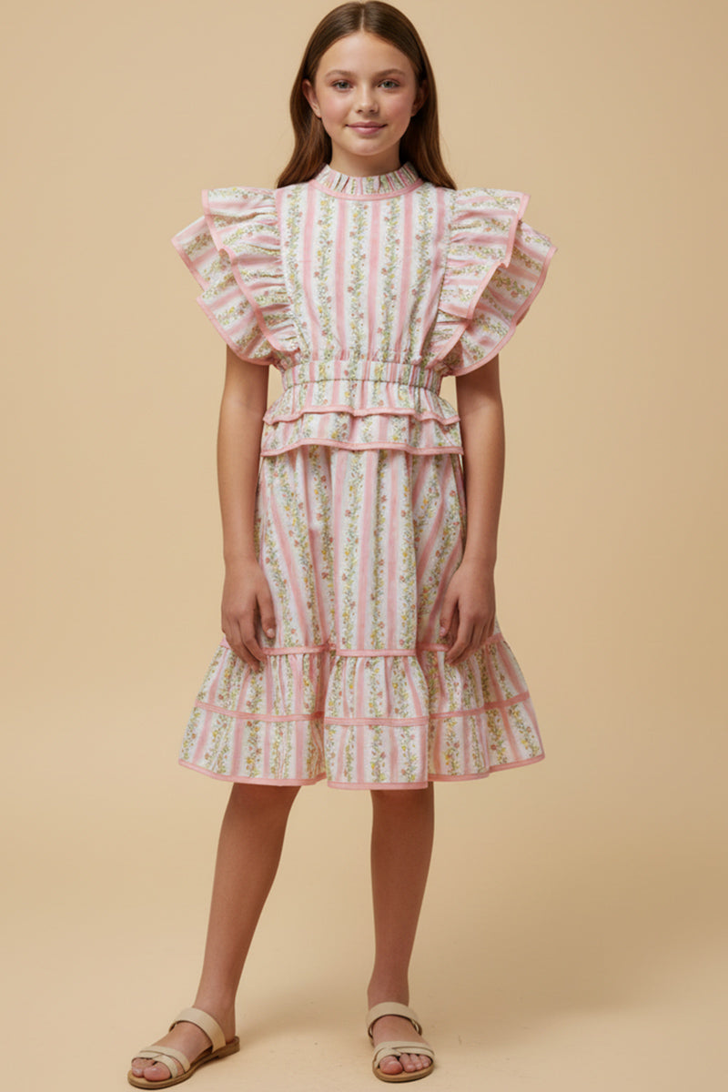 Floral Striped Ruffle Detail Dress