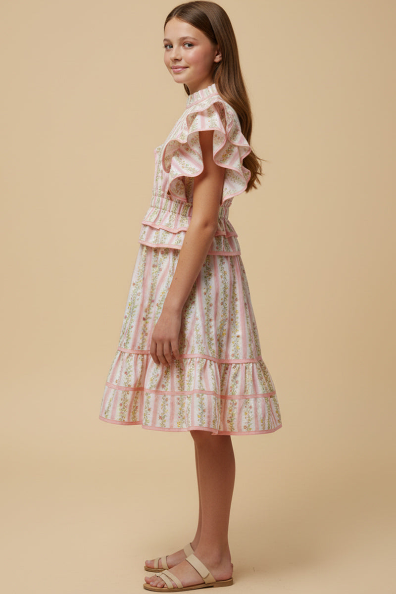 Floral Striped Ruffle Detail Dress