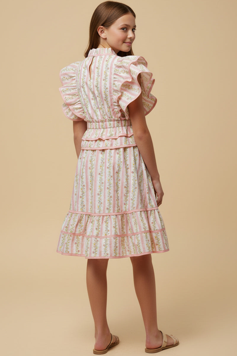 Floral Striped Ruffle Detail Dress