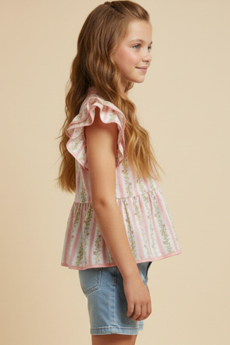 Floral Striped Ruffle Shoulder Top