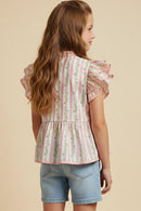 Floral Striped Ruffle Shoulder Top