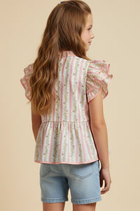 Floral Striped Ruffle Shoulder Top