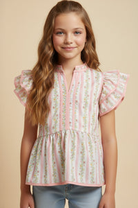 Floral Striped Ruffle Shoulder Top