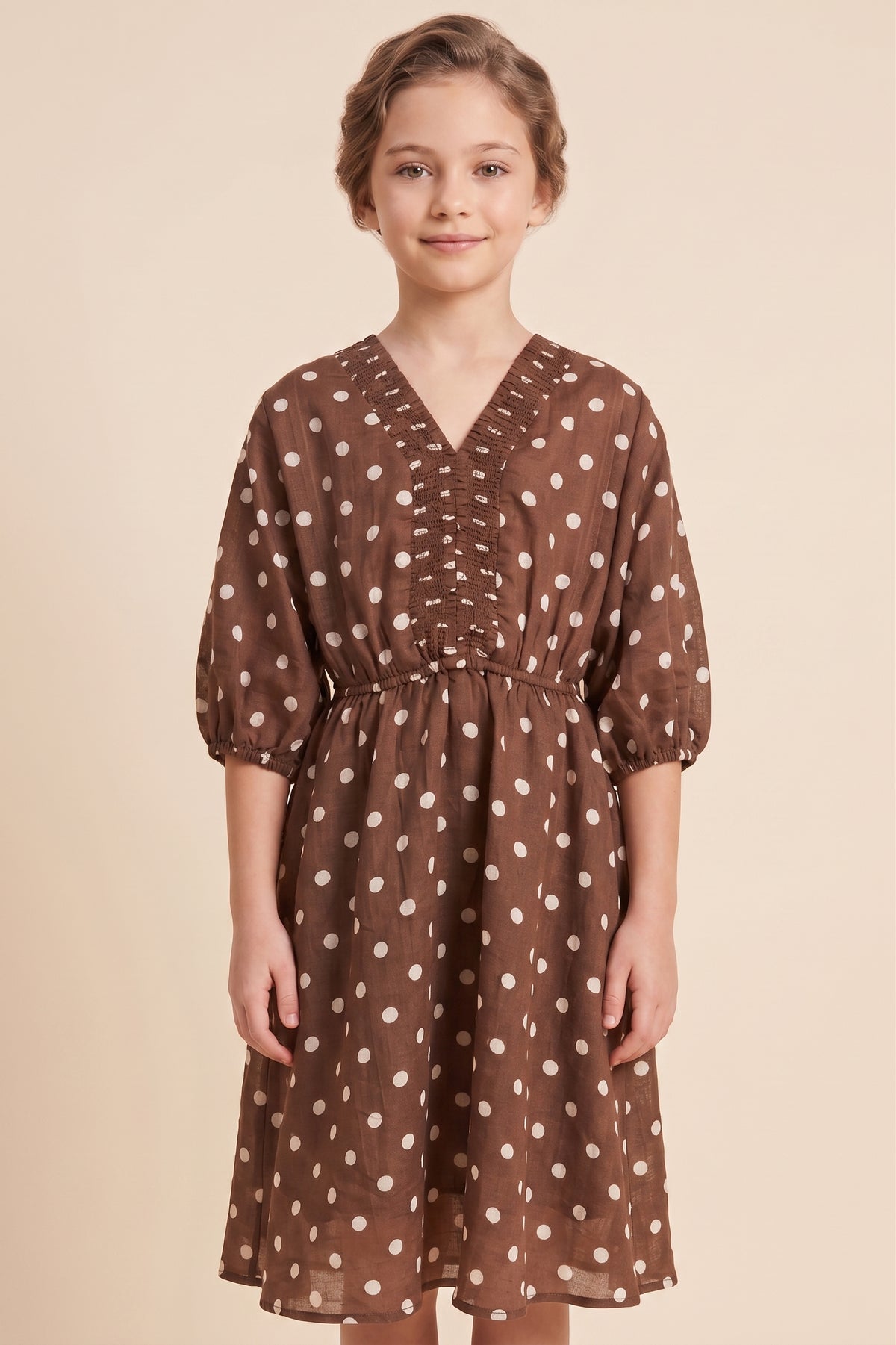 Smocked Neckline Polka Dot Dolman Dress