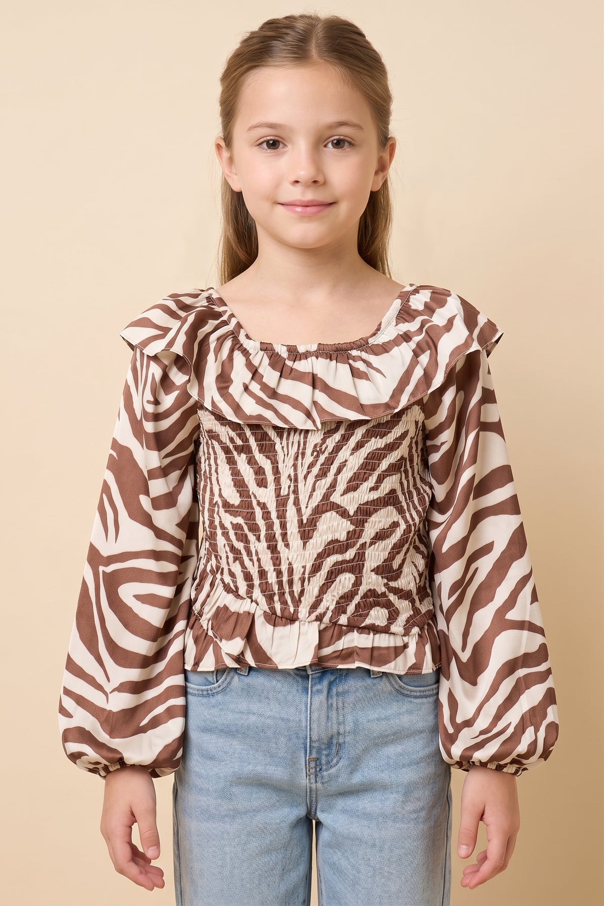 Zebra Print Ruffle Detail Smocked Top
