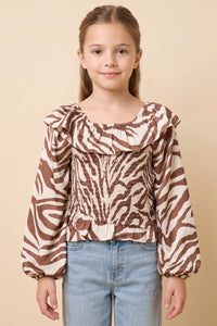 Zebra Print Ruffle Detail Smocked Top