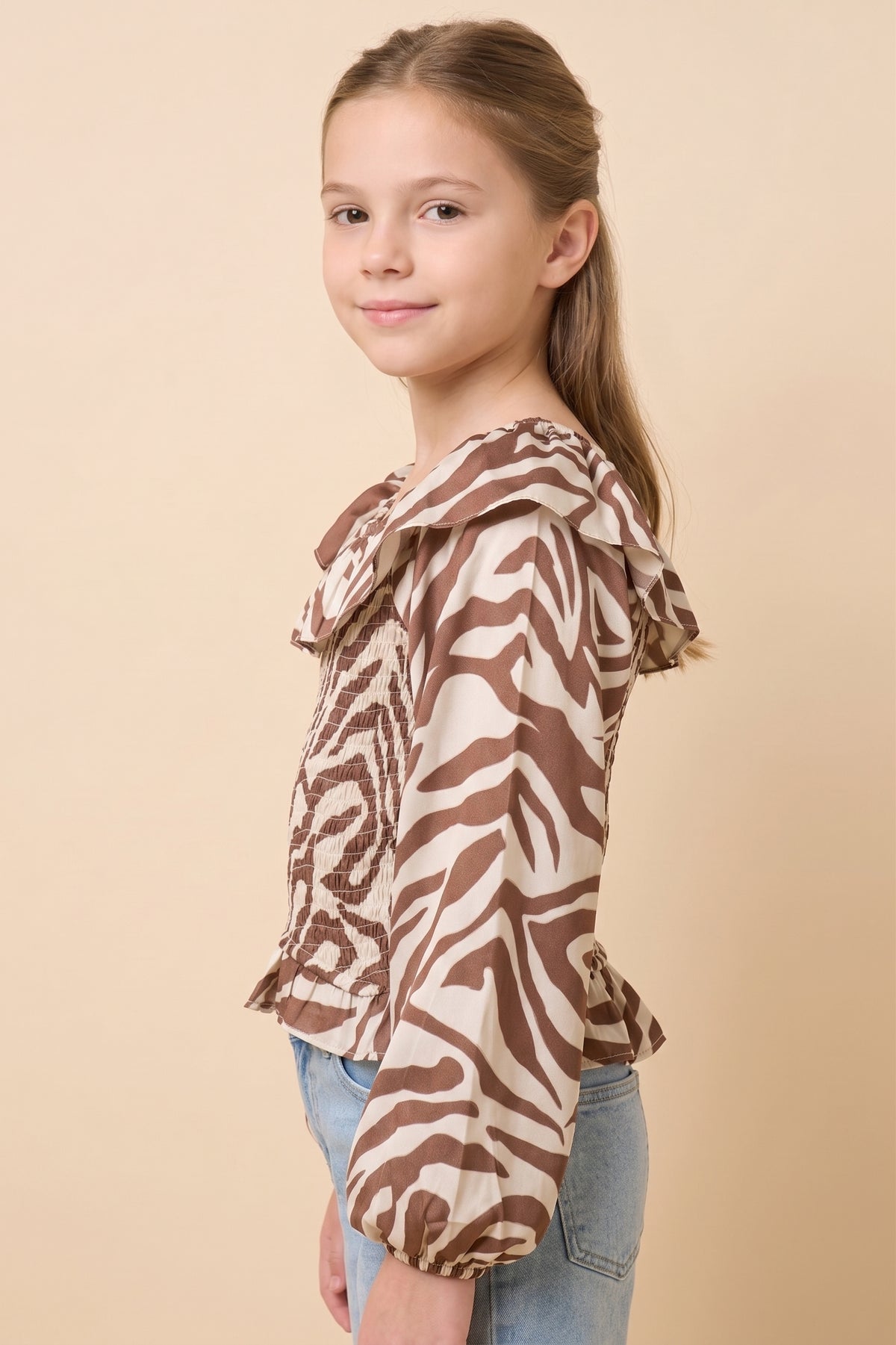 Zebra Print Ruffle Detail Smocked Top