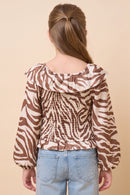 Zebra Print Ruffle Detail Smocked Top